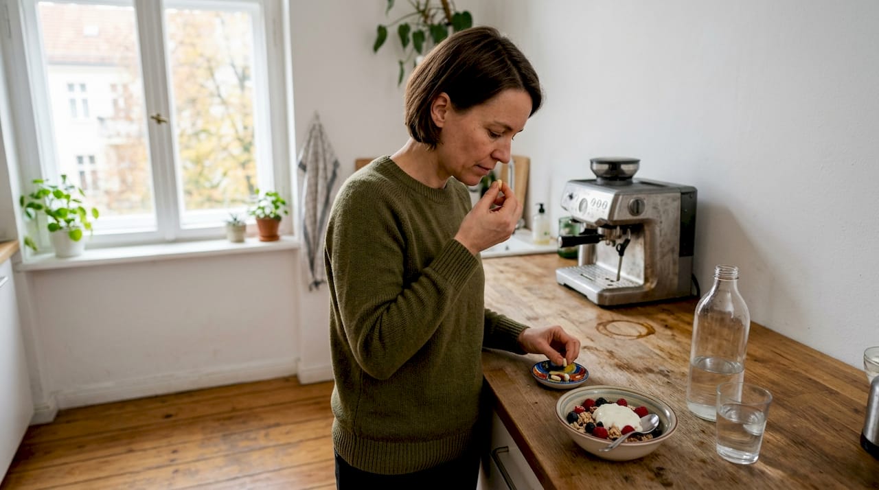 Eine Frau nimmt am Küchentresen ihre Nahrungsergänzungsmittel ein.