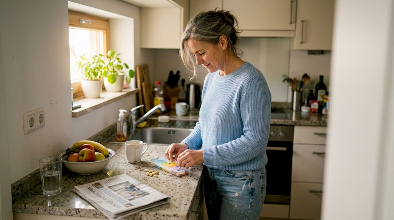 Eine Frau ordnet verschiedene Vitamine sorgfältig in ihrer heimischen Küche.
