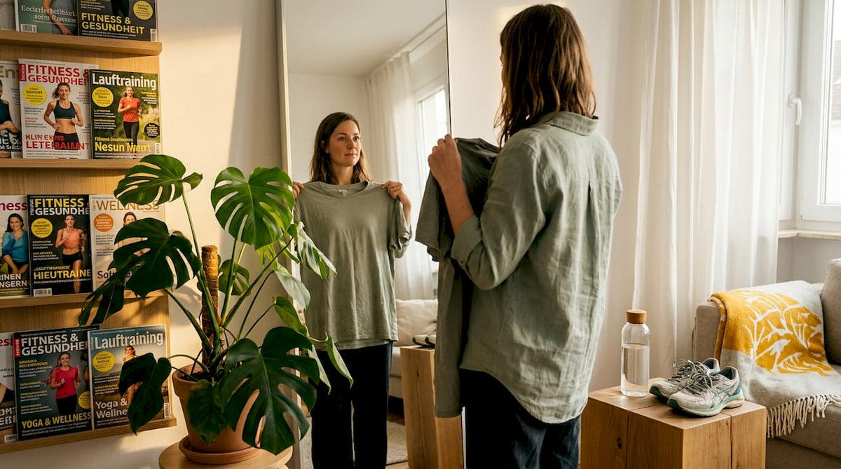 Eine Frau sitzt in ihrem alten Lieblings-T-Shirt und denkt darüber nach, wie weit sie im Leben gekommen ist.