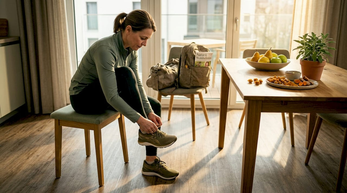 Eine Frau bereitet sich zu Hause mit gesunden Routinen auf ihr Workout vor.