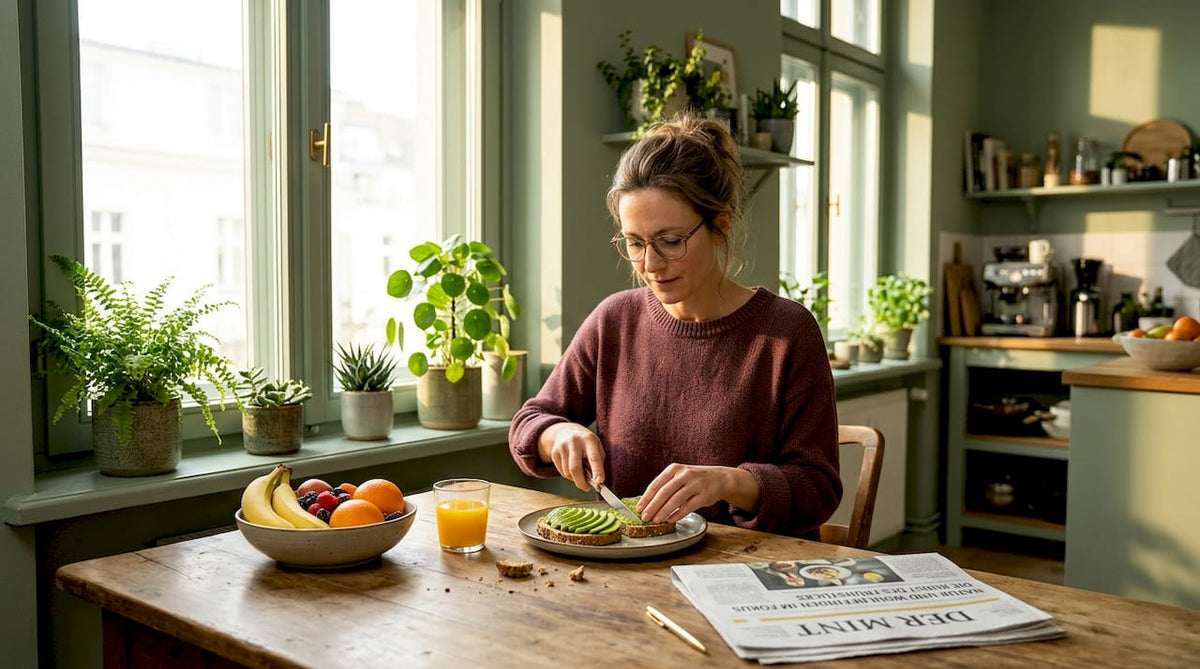 Eine Frau bereitet in ihrer Stadtküche ein gesundes Frühstück zu.