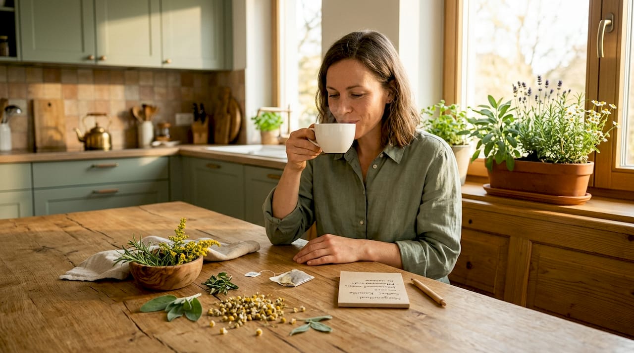 Eine Frau sitzt morgens entspannt am Küchentisch, hat eine Tasse Tee in der Hand und neben sich verschiedene Nahrungsergänzungsmittel stehen.