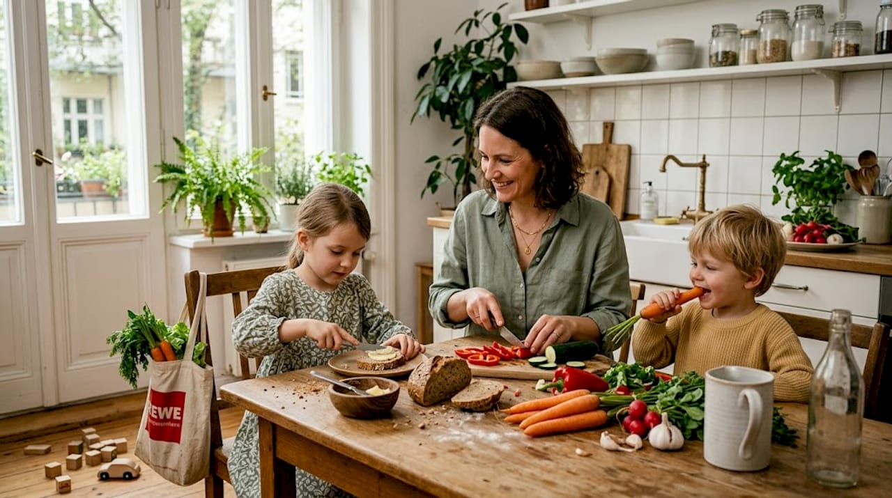 In der sonnendurchfluteten Küche kocht die ganze Familie gemeinsam und genießt das Zusammensein.