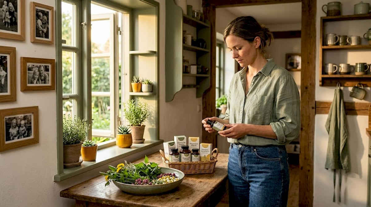 Eine Frau überlegt in ihrer Küche, welche Vitamine und Mineralstoffe sie einnehmen möchte.