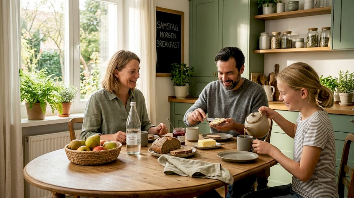 Gemeinsam genießen die Familienmitglieder ein Frühstück mit Vollkornprodukten am Küchentisch – ein guter Start in den Tag, der verbindet und für Energie sorgt.