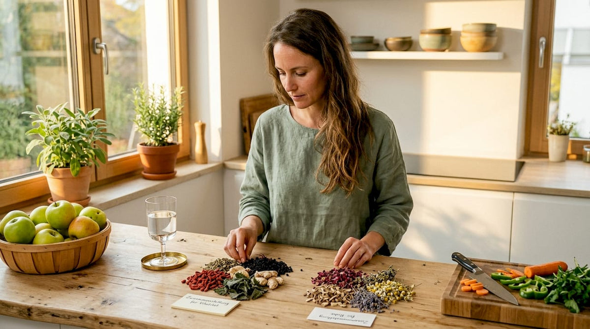 In einer hellen Küche prüft eine Frau verschiedene Vitamine und vergleicht deren Inhaltsstoffe.