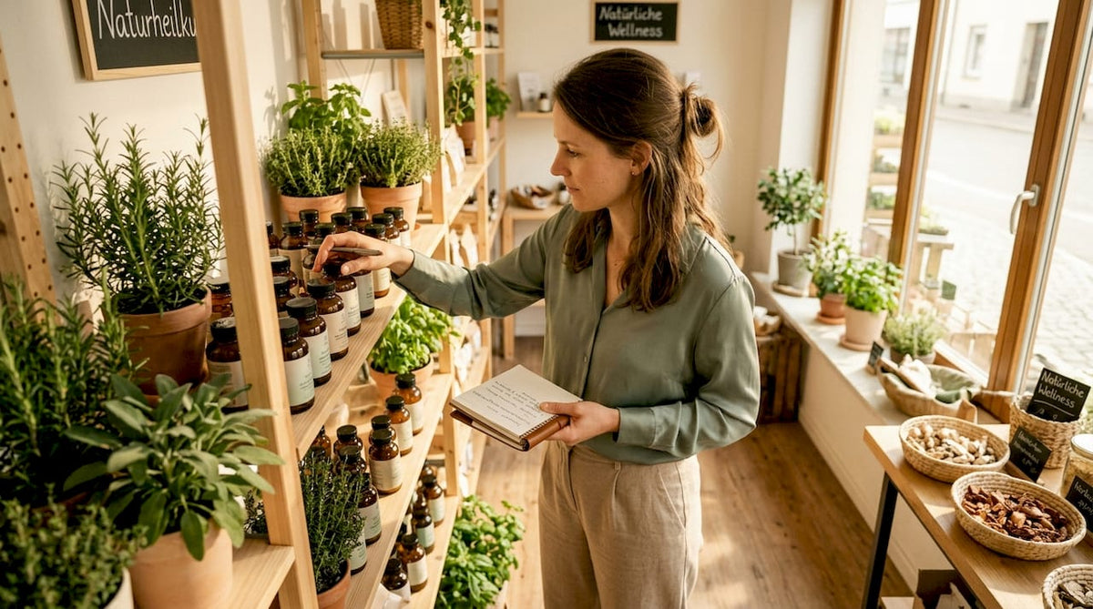 Eine Apothekerin sortiert Nahrungsergänzungsmittel-Regale in einem Fachgeschäft für Naturprodukte.