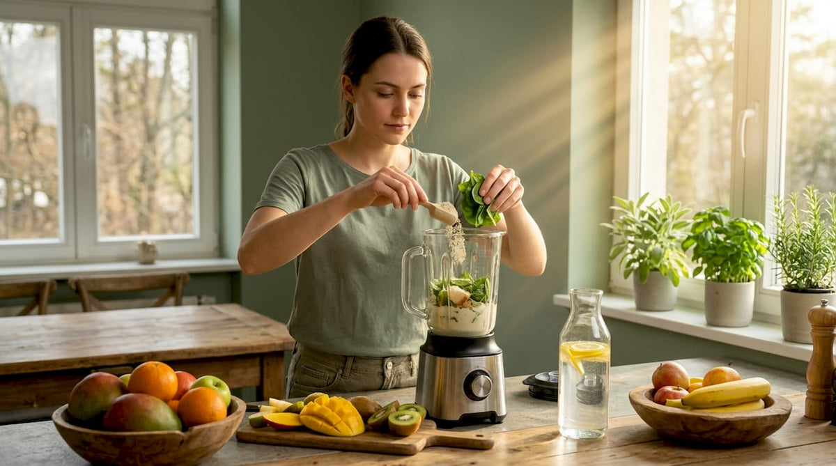 Eine Frau mixt sich in ihrer Küche einen veganen Powershake.