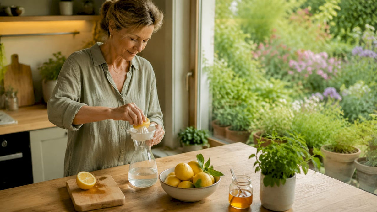Eine Frau bereitet sich am Morgen einen Detox-Drink zu.