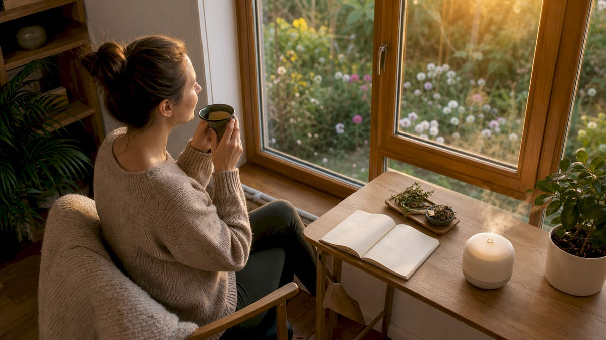Eine Frau macht es sich mit einer Tasse Tee gemütlich auf dem Sofa im Wohnzimmer.