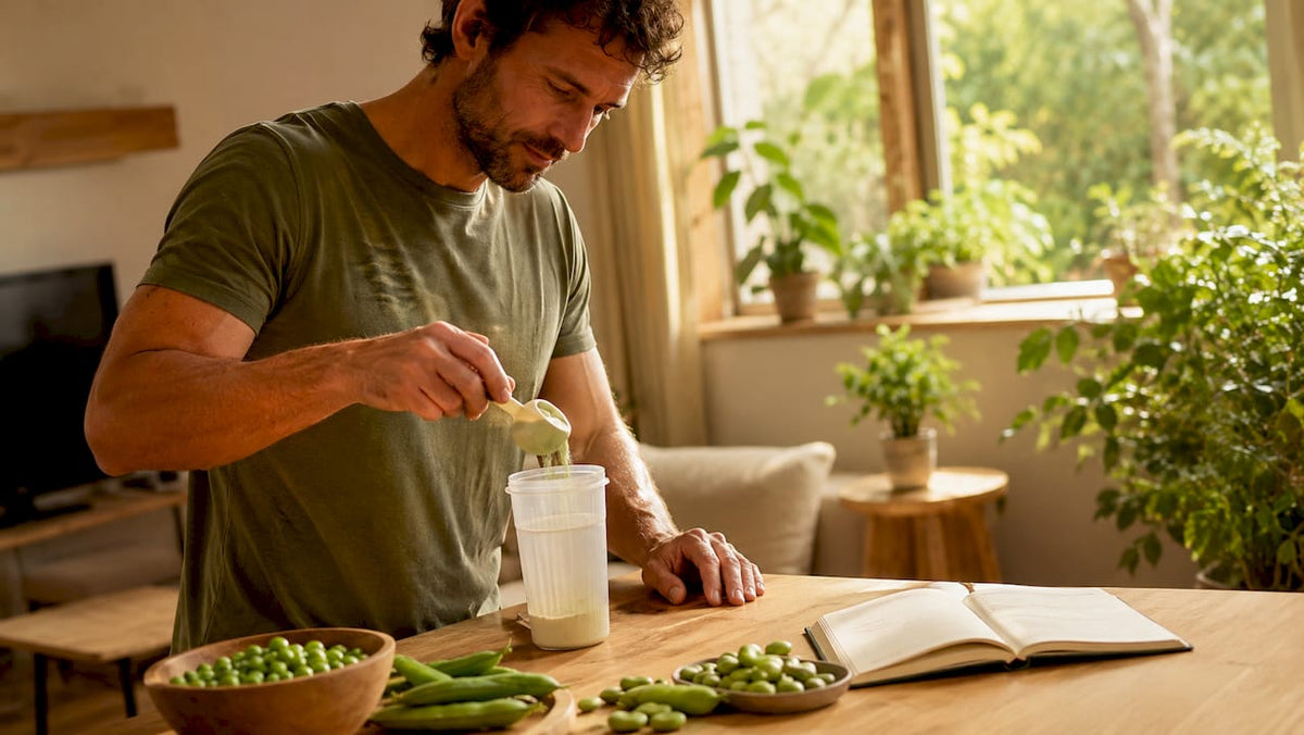 In einer modernen Küche misst ein Mann sorgfältig veganes Proteinpulver ab.
