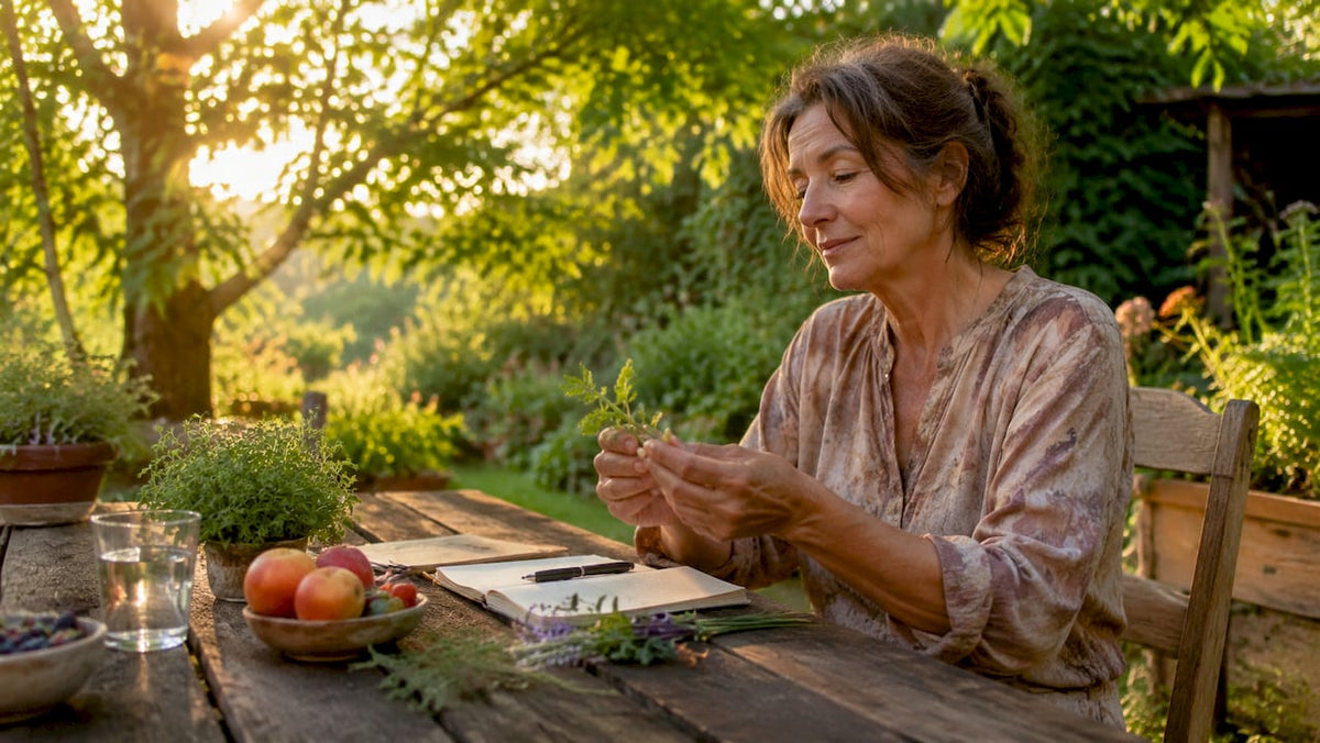 Eine Frau schaut sich zu Hause ihre Vitaminpräparate genauer an.