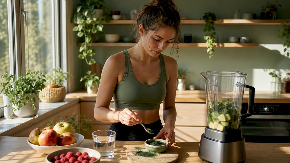 Eine Frau mixt in ihrer Küche einen gesunden Spirulina-Smoothie.
