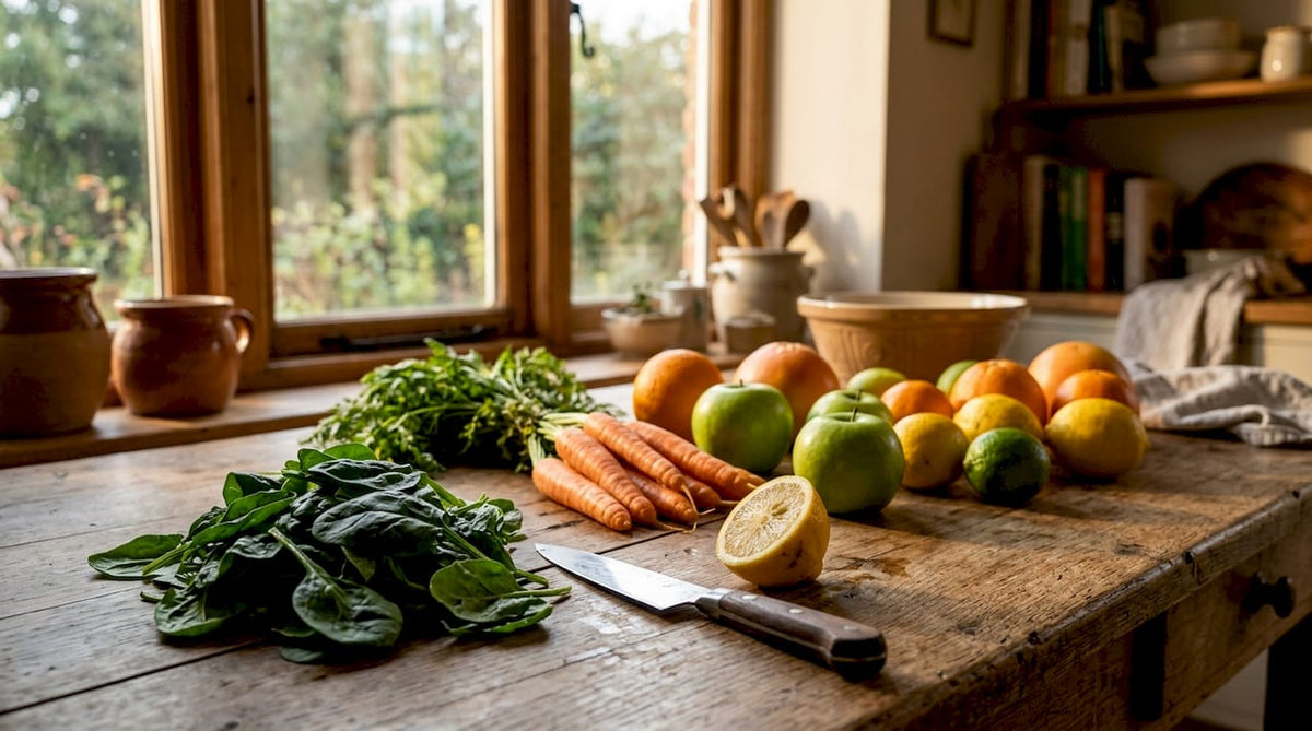 Frisches Obst und Gemüse voller Vitamin C auf dem Tisch angerichtet