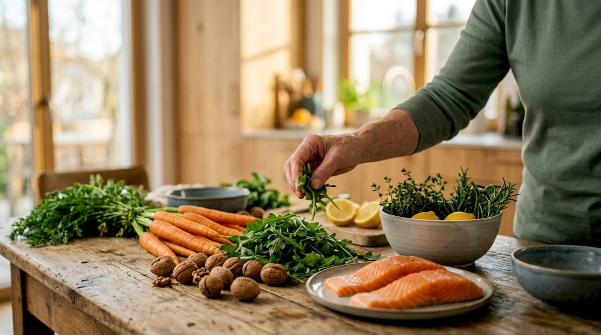 Frische, naturbelassene Lebensmittel voller Vitamine liegen appetitlich auf einem Holztisch bereit.