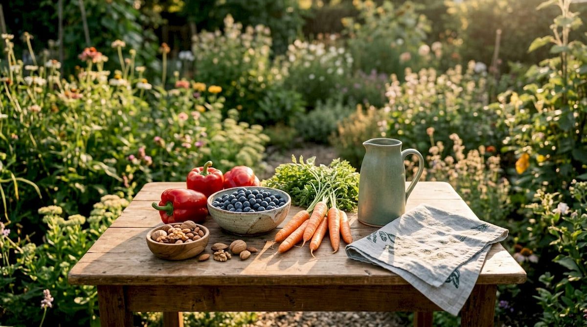 Frisches Obst und Gemüse voller Antioxidantien auf einem Holztisch arrangiert