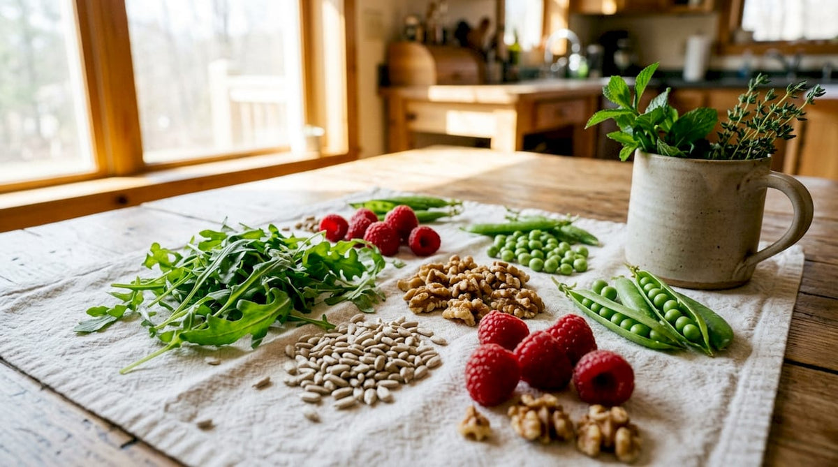 Frische, lose Superfood-Zutaten liegen auf dem Tisch bereit.