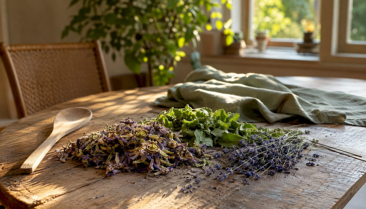 Frisch gepflückte Passionsblumen und Melissenblätter auf einem rustikalen Holztisch arrangiert