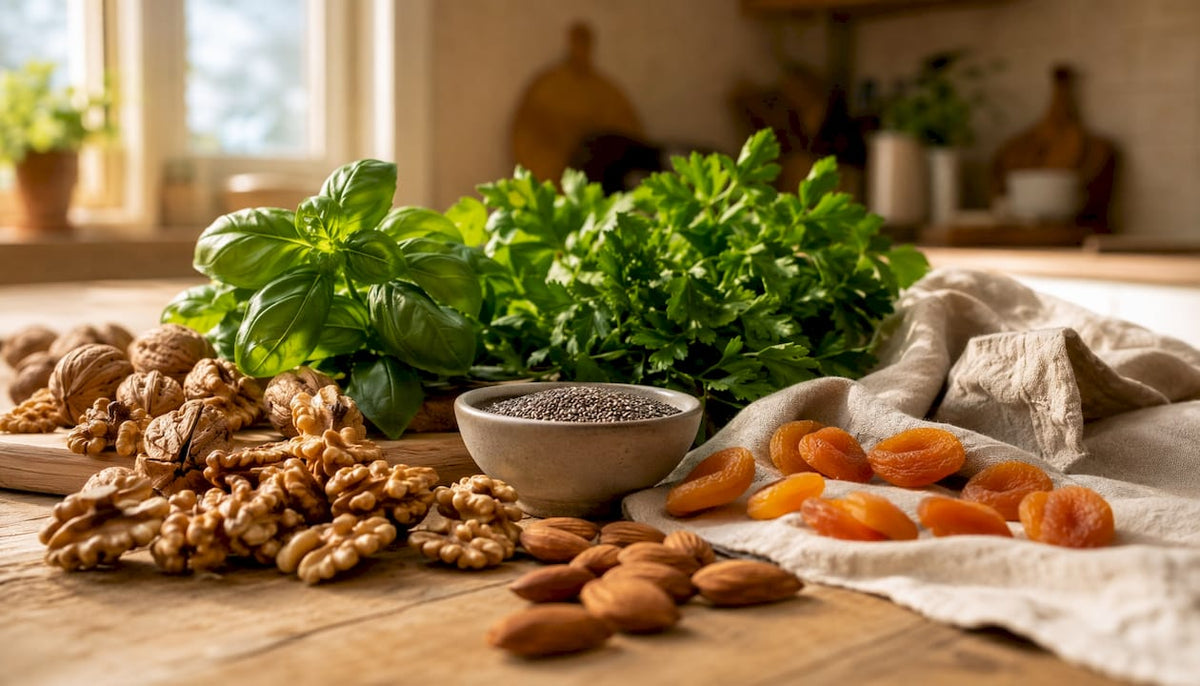 Auf der Küchenarbeitsplatte liegen verschiedene naturbelassene Lebensmittel, die besonders reich an Omega-3-Fettsäuren sind.