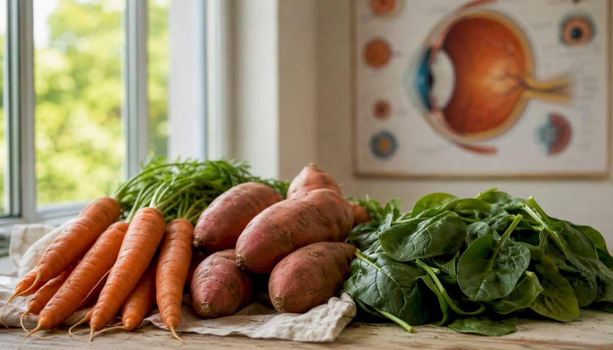 Detailaufnahme von vitamin-A-reichem Gemüse neben einer Sehtafel – im Fokus stehen gesunde Ernährung und gutes Sehvermögen.