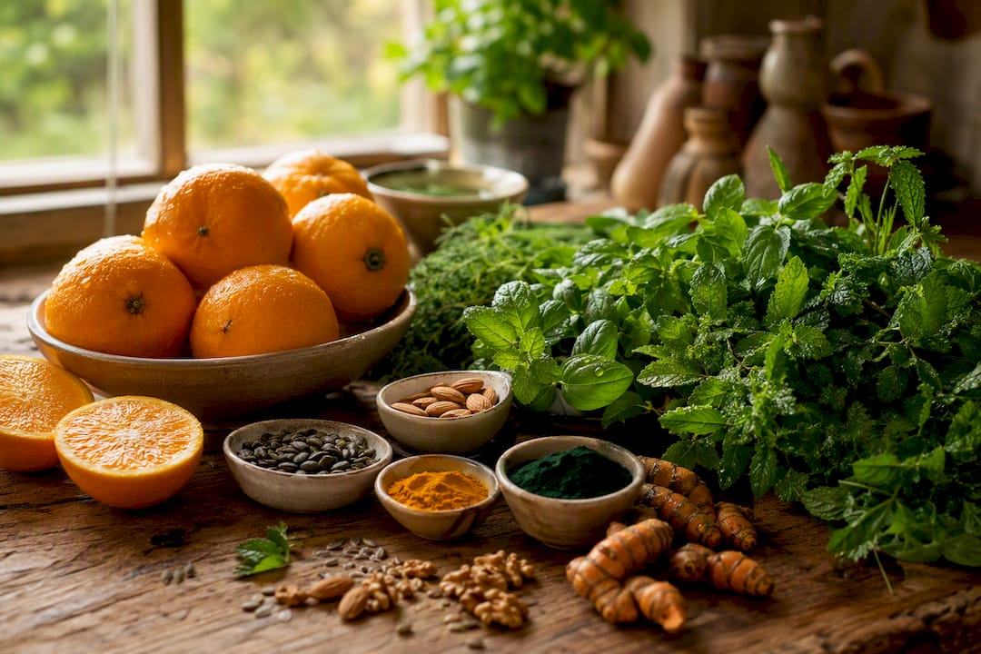 Nahaufnahme von frischen, vitaminreichen Lebensmitteln auf rustikalem Holztisch