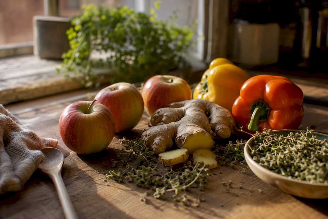 Frische, naturbelassene Lebensmittel, die reich an Vitaminen sind und das Immunsystem stärken.