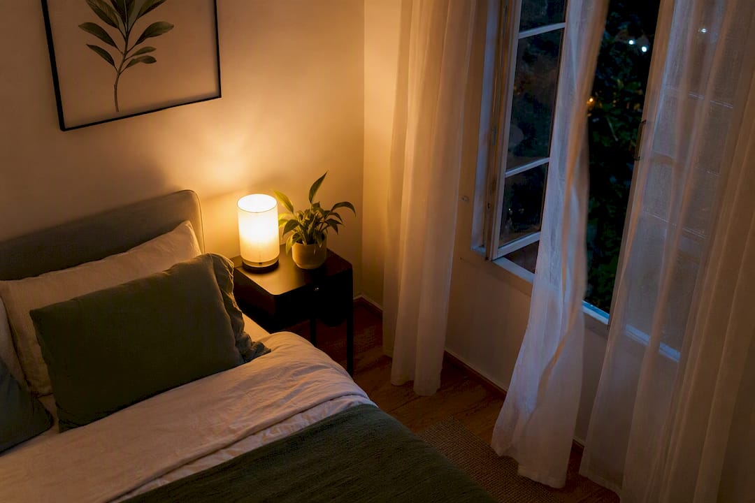 Natürlich ruhiges Schlafzimmer in der Nacht