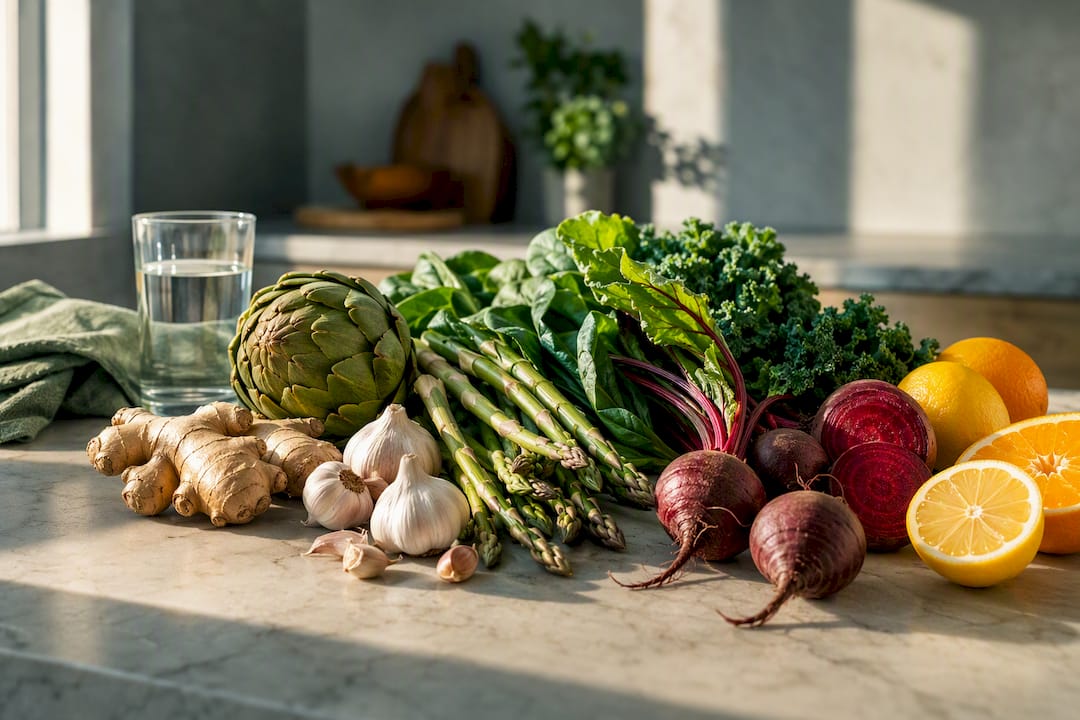 Lose natürliche Detox-Lebensmittel auf der Kücheninsel