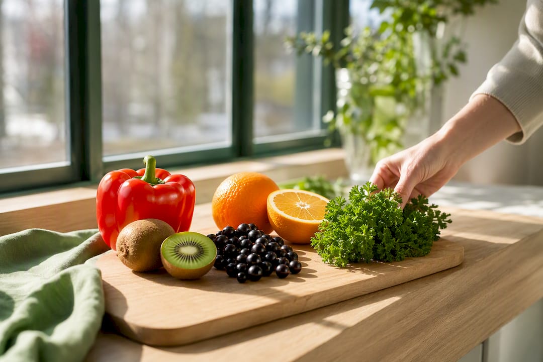 Natürliche Vitamin-C-Quellen auf einem Holzbrett