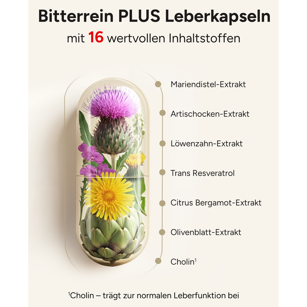 
                      
                        Bitterrein PLUS - Mariendistel, Artischocke und Löwenzahn
                      
                    