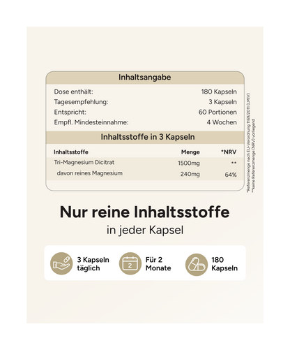 Magnesium Citrat - 500mg als Tri-Magnesium-Dicitrat pro Kapsel