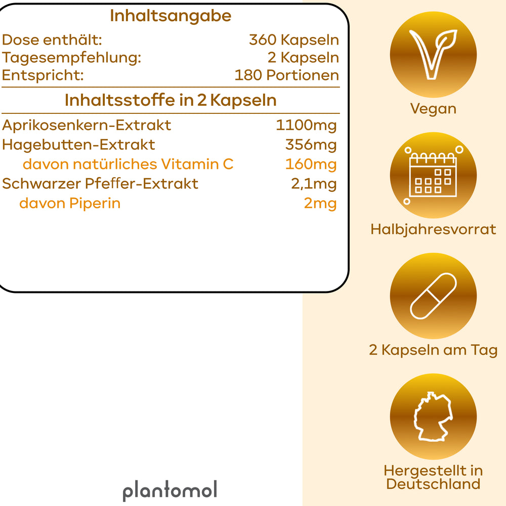 
                      
                        B17 - 1100mg Aprikosenkern-Extrakt pro Tag und Vitamin C
                      
                    