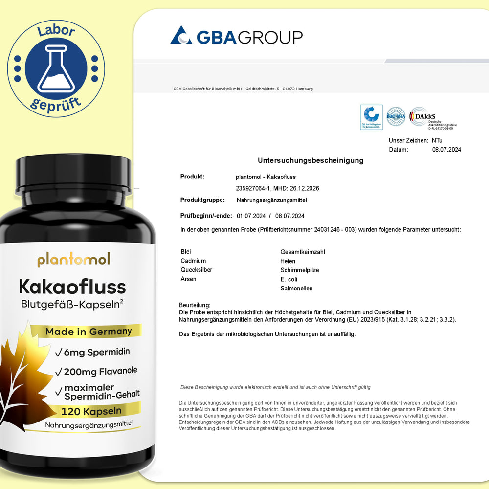 
                      
                        Spermidin Kakaofluss - 6mg Spermidin mit 200mg Kakaoﬂavanole pro Tag
                      
                    
