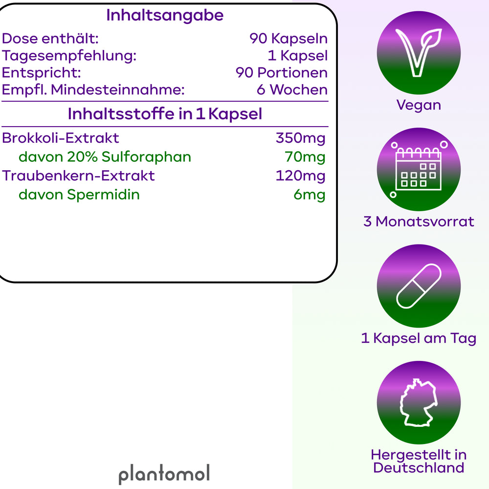 
                      
                        Spermidin-Sulforaphan - 6mg Spermidin mit 70mg Sulforaphan pro Kapsel
                      
                    