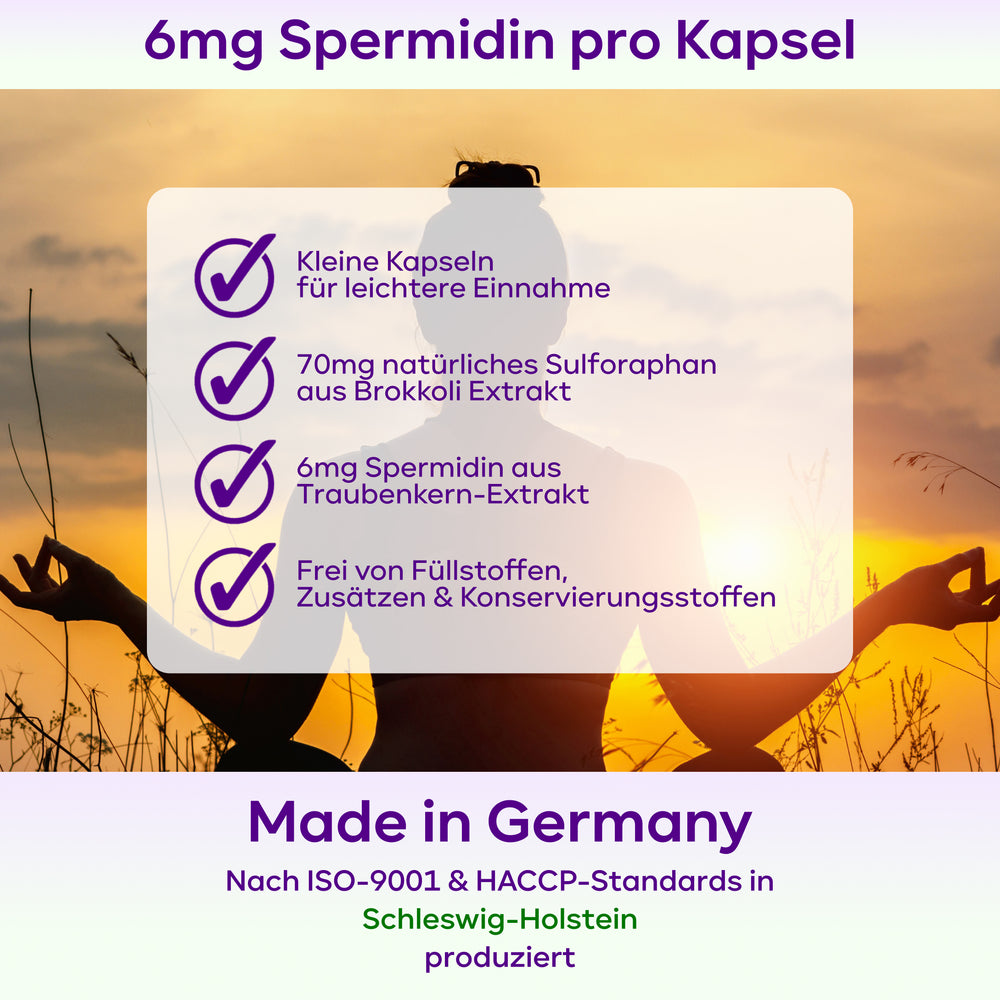 
                      
                        Spermidin-Sulforaphan - 6mg Spermidin mit 70mg Sulforaphan pro Kapsel
                      
                    